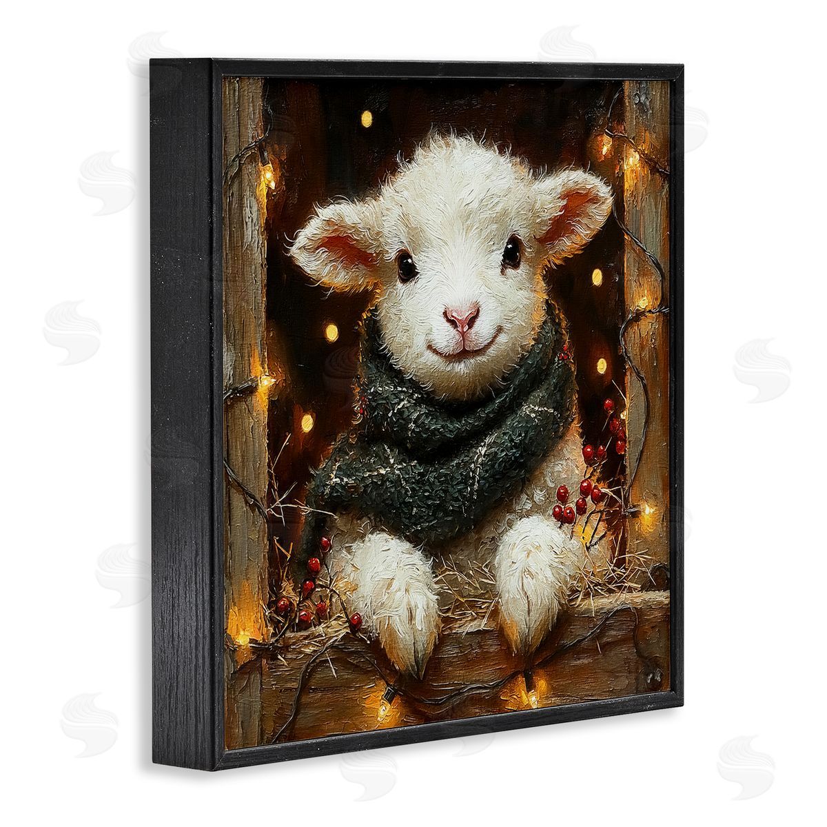 Festive Lamb with Holiday Lights Black Frame Print Wall Art, Home Decor by Riley B
