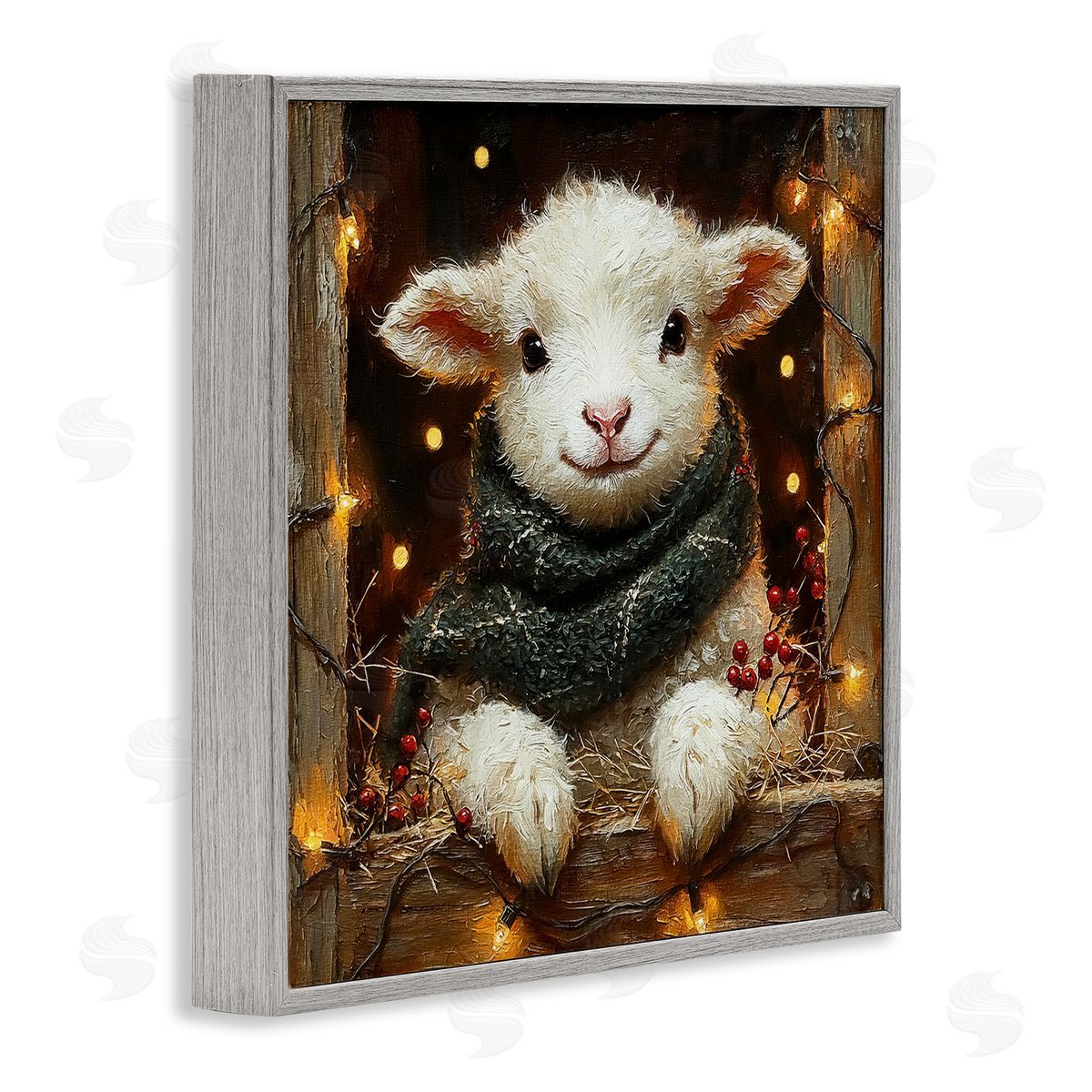 Festive Lamb with Holiday Lights Grey Frame Print Wall Art, Home Decor by Riley B