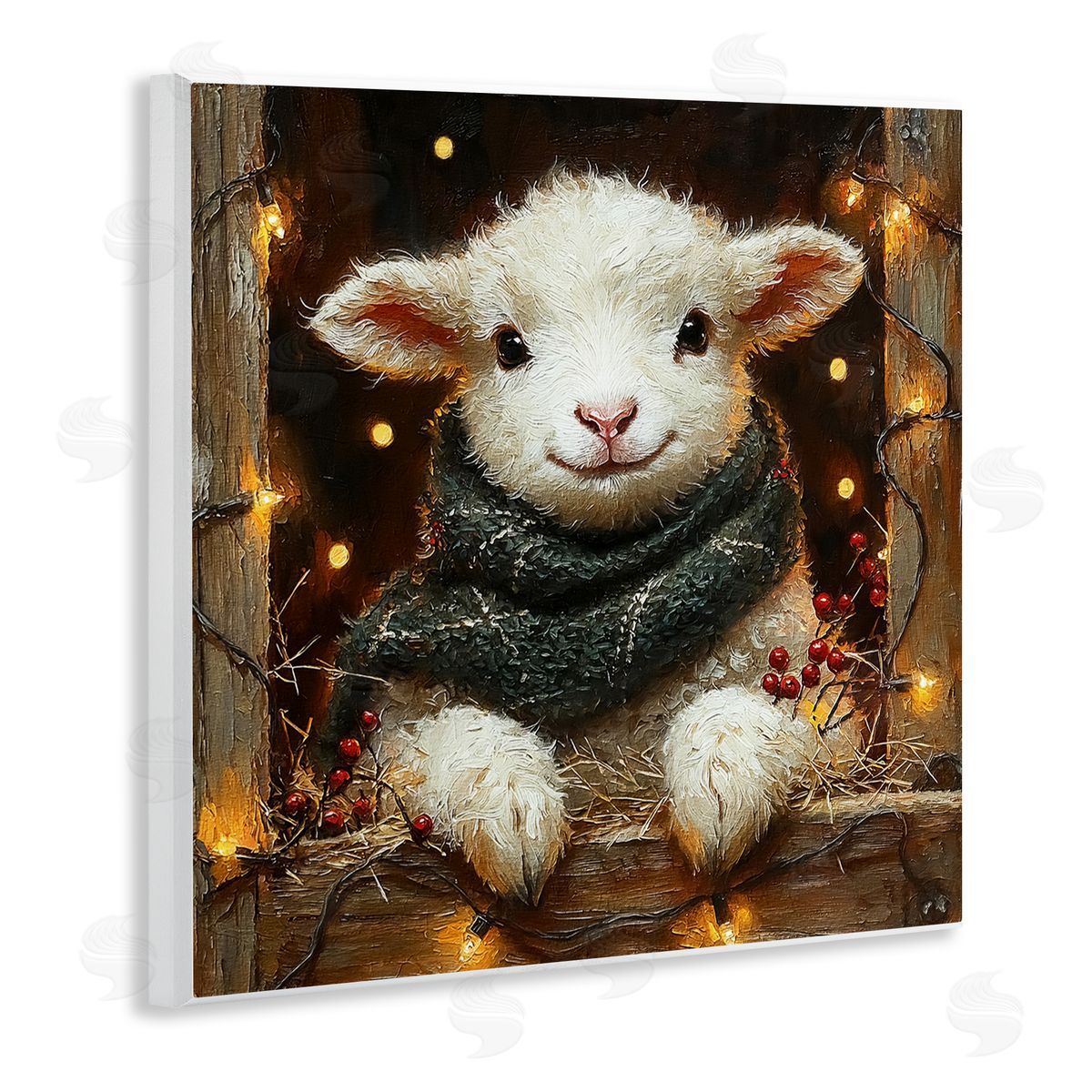 Festive Lamb with Holiday Lights Wood Plaque Wall Art, Home Decor by Riley B