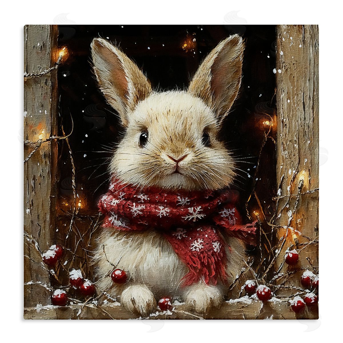 Bunny with Snowy Holly Berries Canvas Wall Art, Home Decor by Riley B