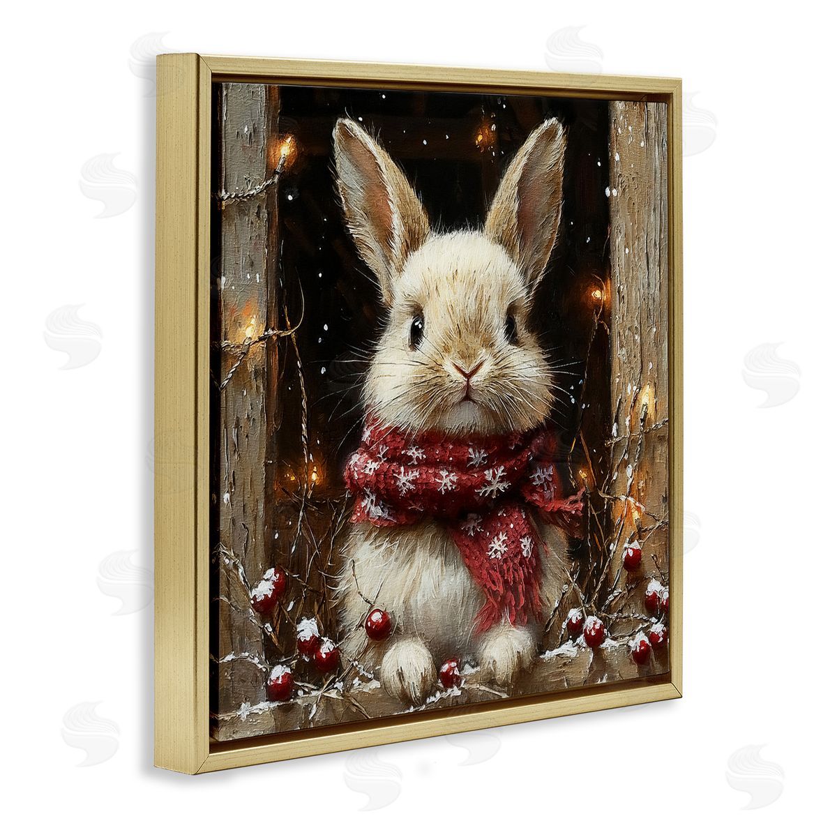 Bunny with Snowy Holly Berries Gold Floating Frame Canvas Wall Art, Home Decor by Riley B