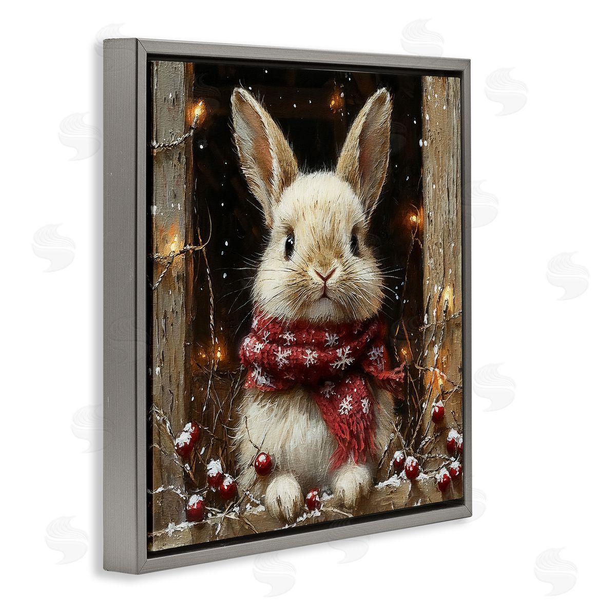Bunny with Snowy Holly Berries Grey Floating Frame Canvas Wall Art, Home Decor by Riley B