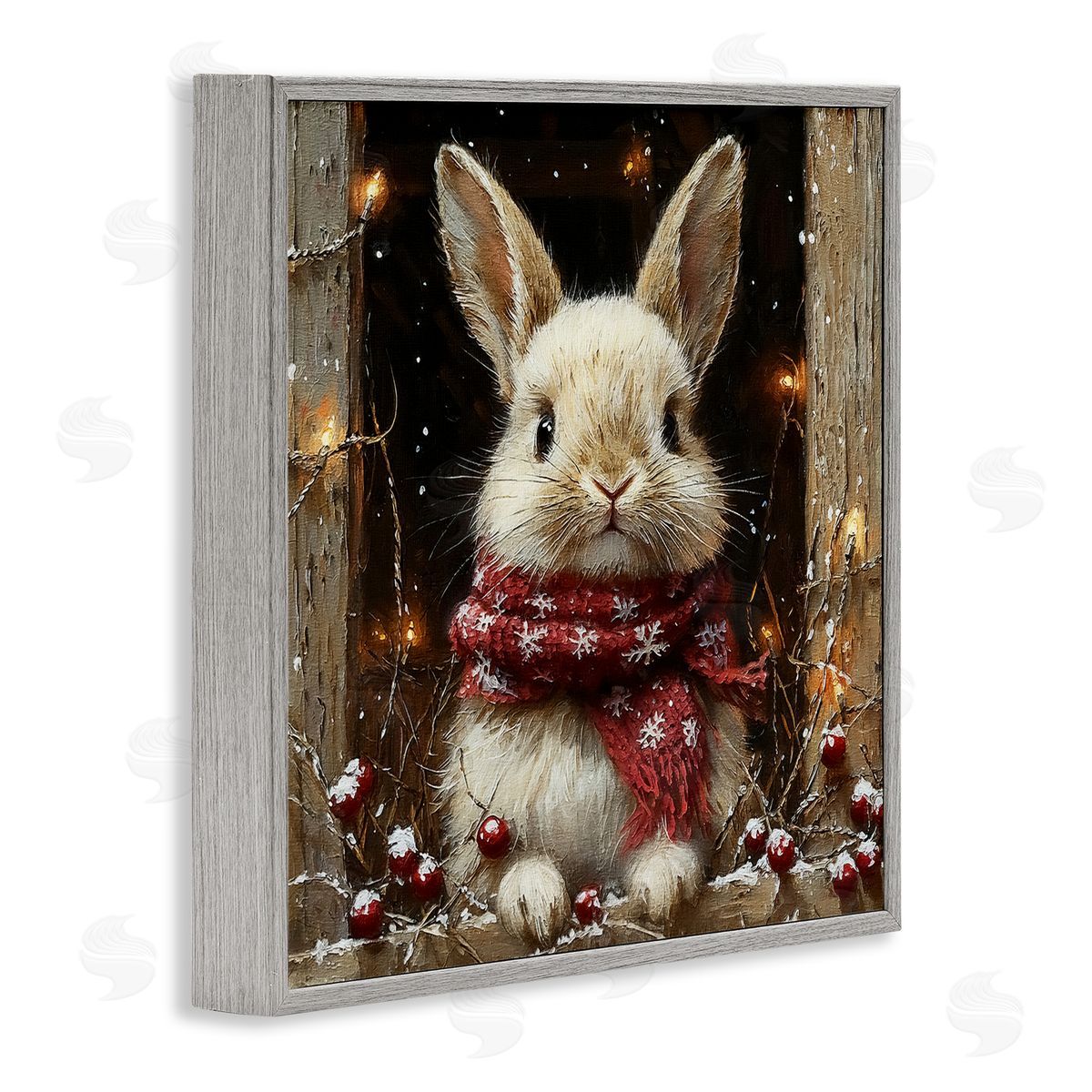 Bunny with Snowy Holly Berries Grey Frame Print Wall Art, Home Decor by Riley B