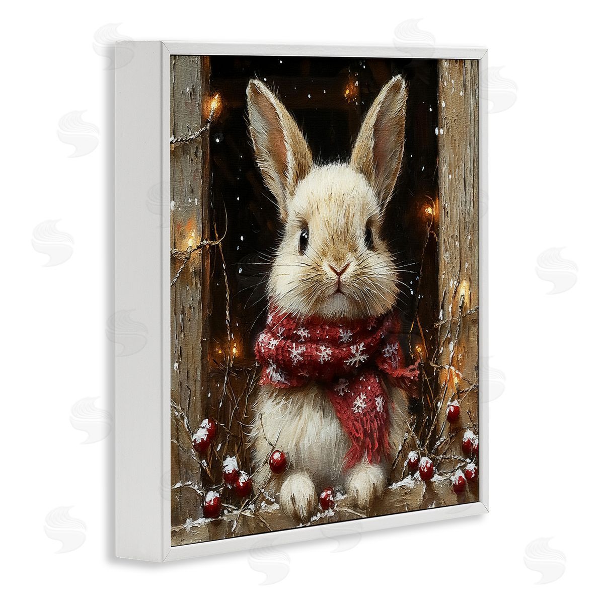 Bunny with Snowy Holly Berries White Frame Print Wall Art, Home Decor by Riley B
