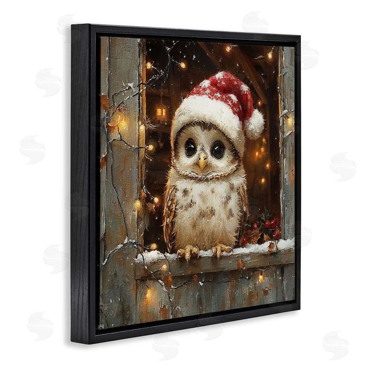 Festive Owl with Holiday Lights Black Floating Frame Canvas Wall Art, Home Decor by Riley B