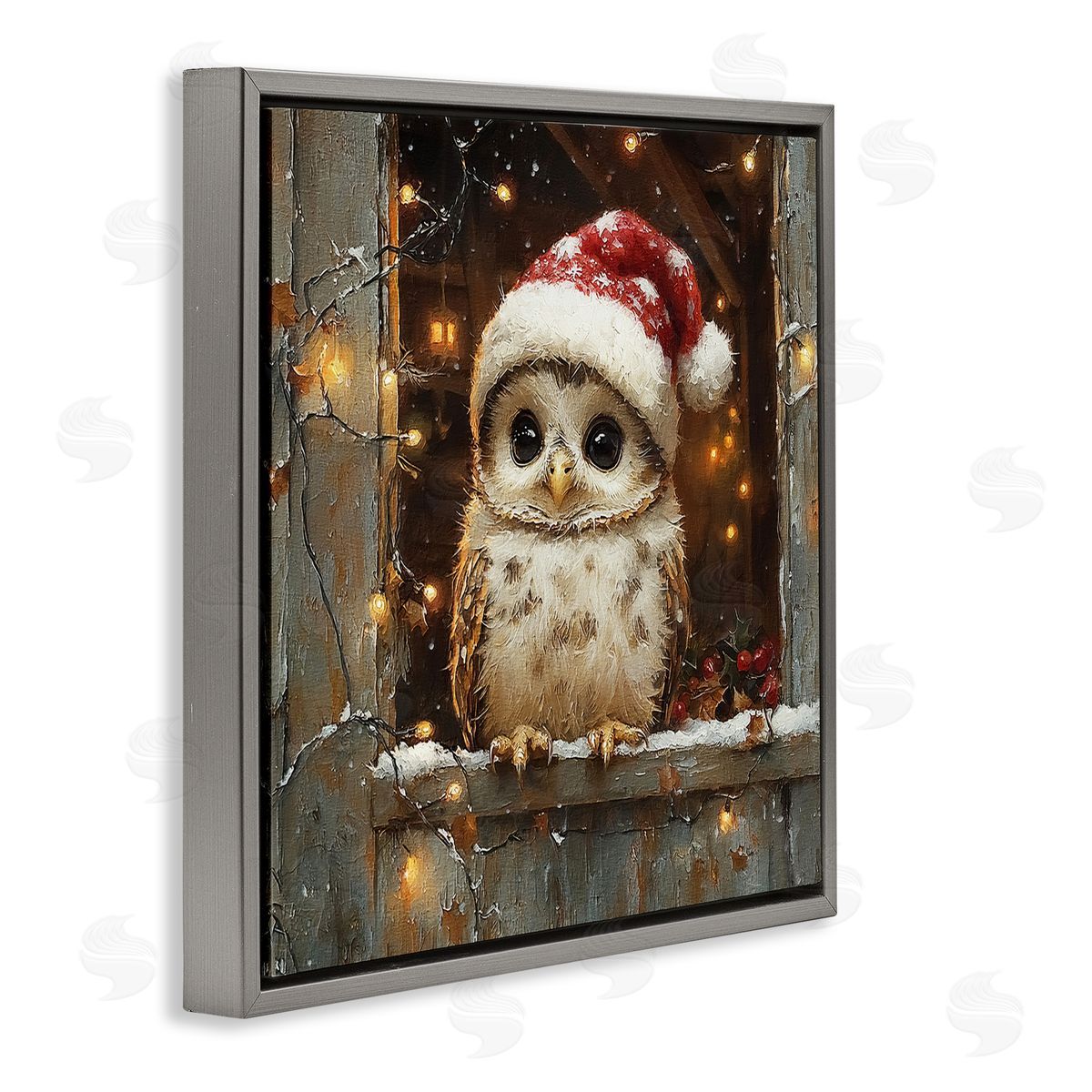 Festive Owl with Holiday Lights Grey Floating Frame Canvas Wall Art, Home Decor by Riley B