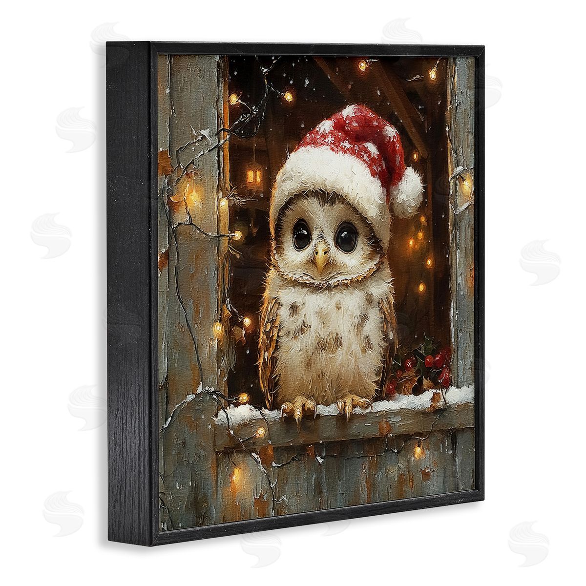 Festive Owl with Holiday Lights Black Frame Print Wall Art, Home Decor by Riley B