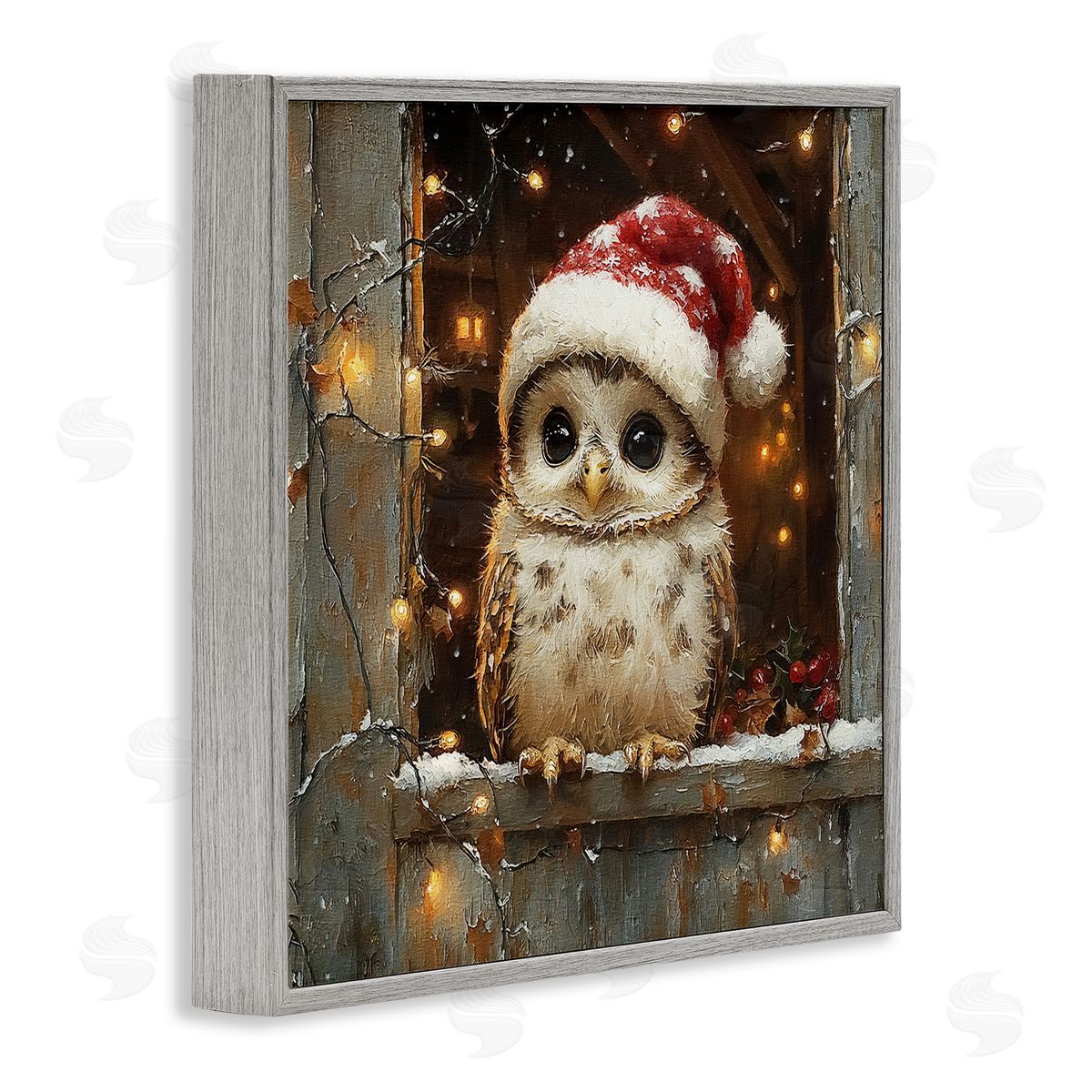 Festive Owl with Holiday Lights Grey Frame Print Wall Art, Home Decor by Riley B