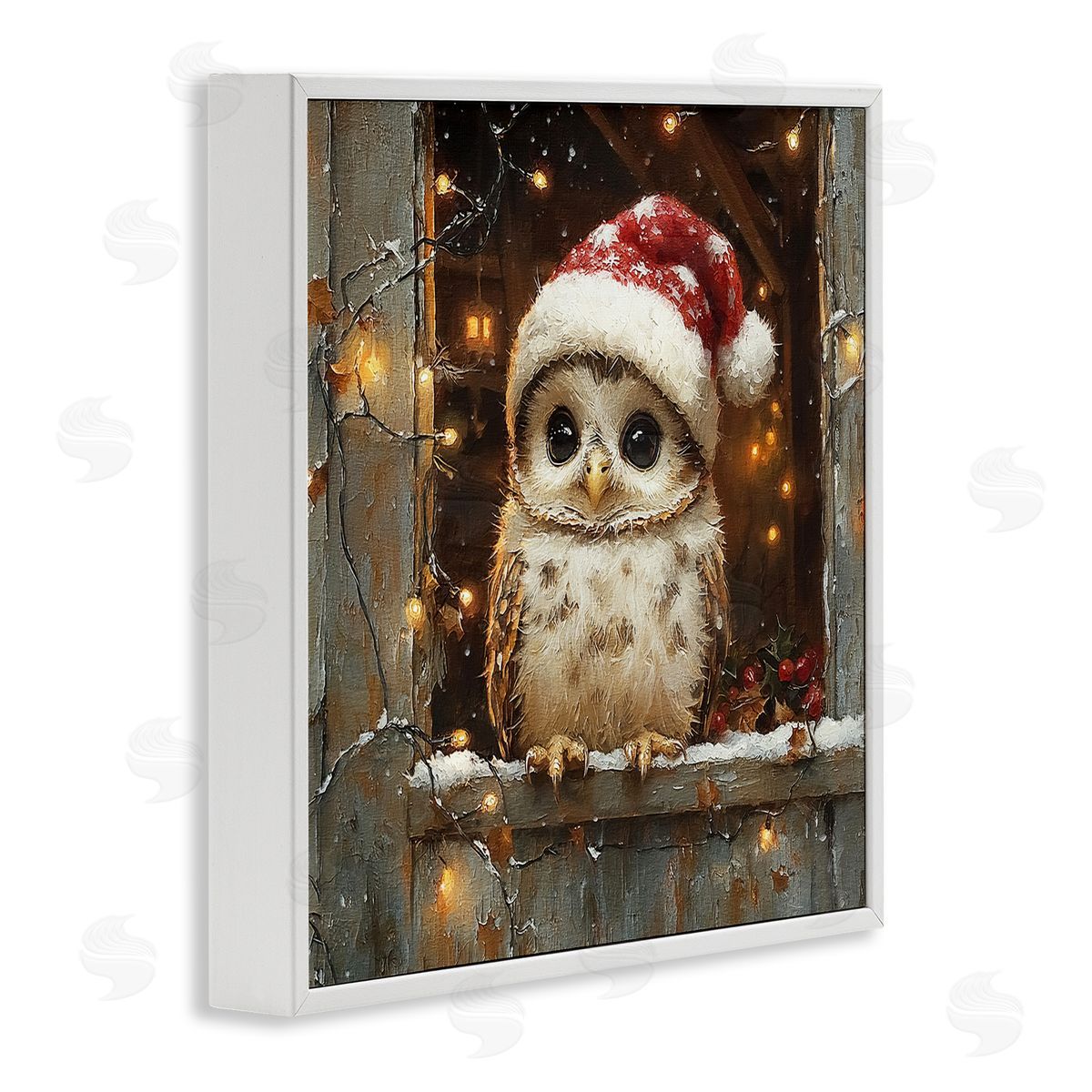 Festive Owl with Holiday Lights White Frame Print Wall Art, Home Decor by Riley B