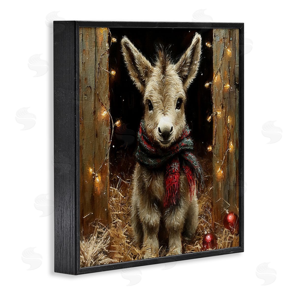 Baby Donkey & Holiday Lights Black Frame Print Wall Art, Home Decor by Riley B