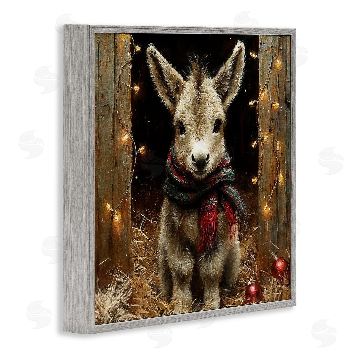 Baby Donkey & Holiday Lights Grey Frame Print Wall Art, Home Decor by Riley B