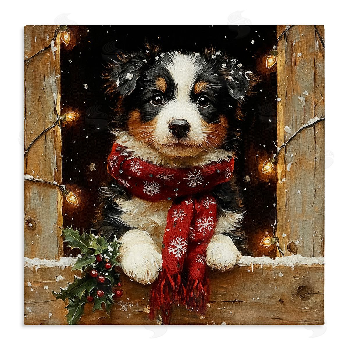 Snowy Christmas Lights Puppy Canvas Wall Art, Home Decor by Riley B