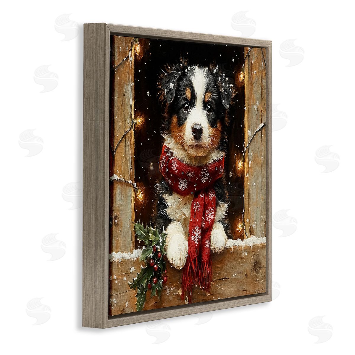 Snowy Christmas Lights Puppy Brown Floating Frame Canvas Wall Art, Home Decor by Riley B