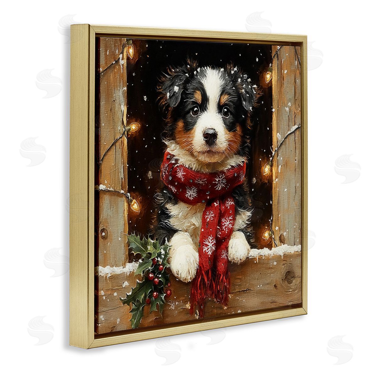 Snowy Christmas Lights Puppy Gold Floating Frame Canvas Wall Art, Home Decor by Riley B