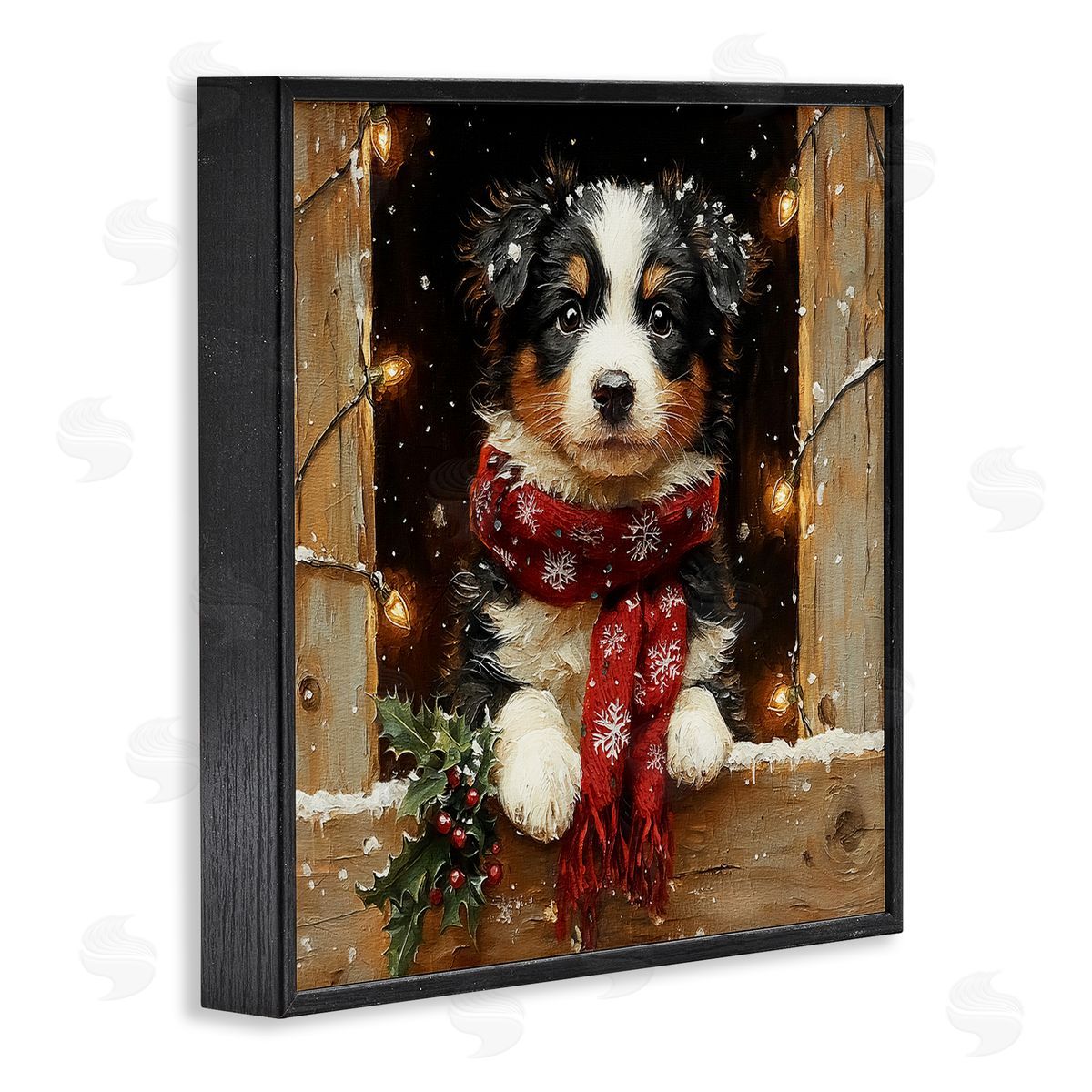 Snowy Christmas Lights Puppy Black Frame Print Wall Art, Home Decor by Riley B