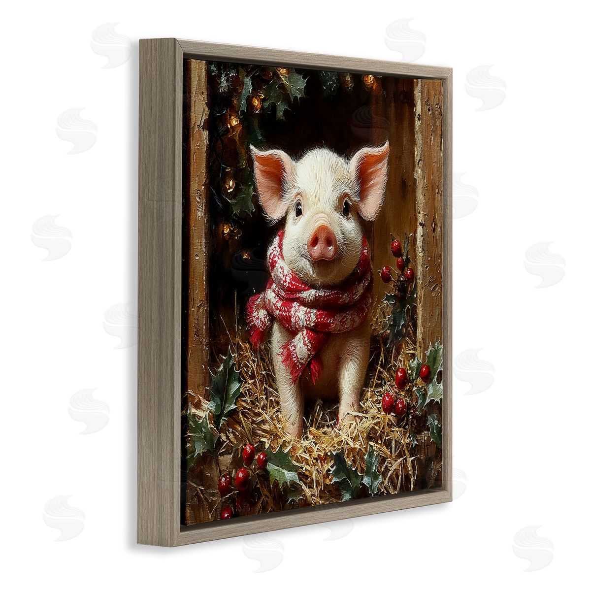 Pig with Holiday Garlands Brown Floating Frame Canvas Wall Art, Home Decor by Riley B