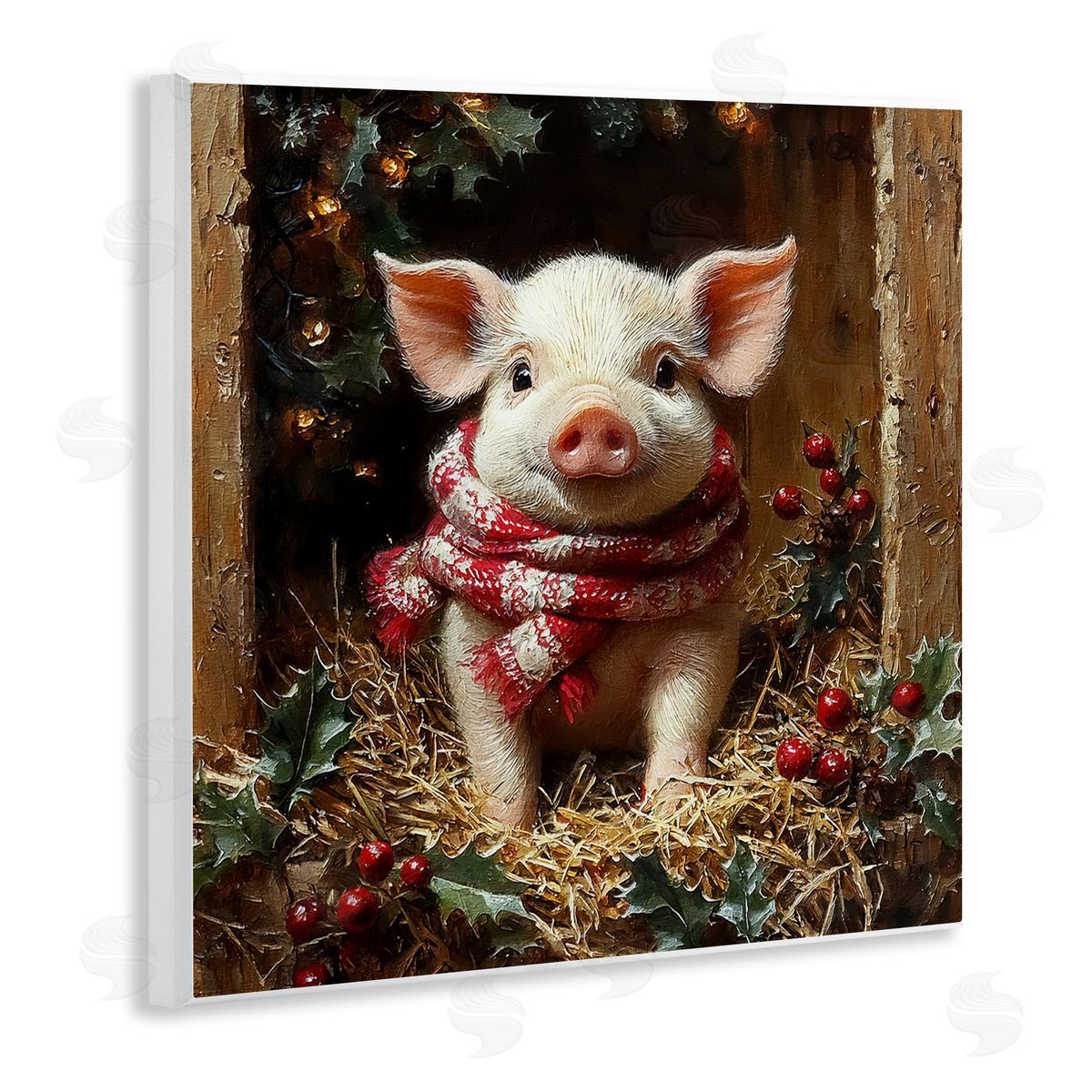 Pig with Holiday Garlands Wood Plaque Wall Art, Home Decor by Riley B