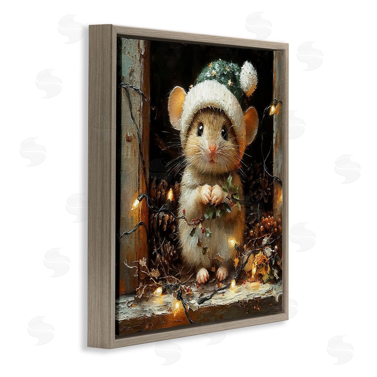 Barn Mouse with Christmas Lights Brown Floating Frame Canvas Wall Art, Home Decor by Riley B