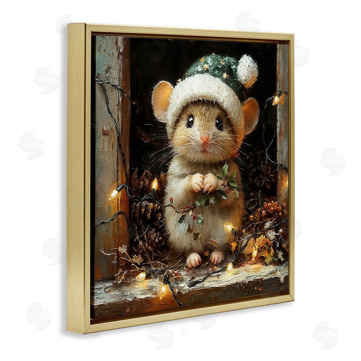 Barn Mouse with Christmas Lights Gold Floating Frame Canvas Wall Art, Home Decor by Riley B