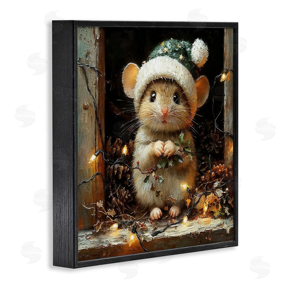 Barn Mouse with Christmas Lights Black Frame Print Wall Art, Home Decor by Riley B
