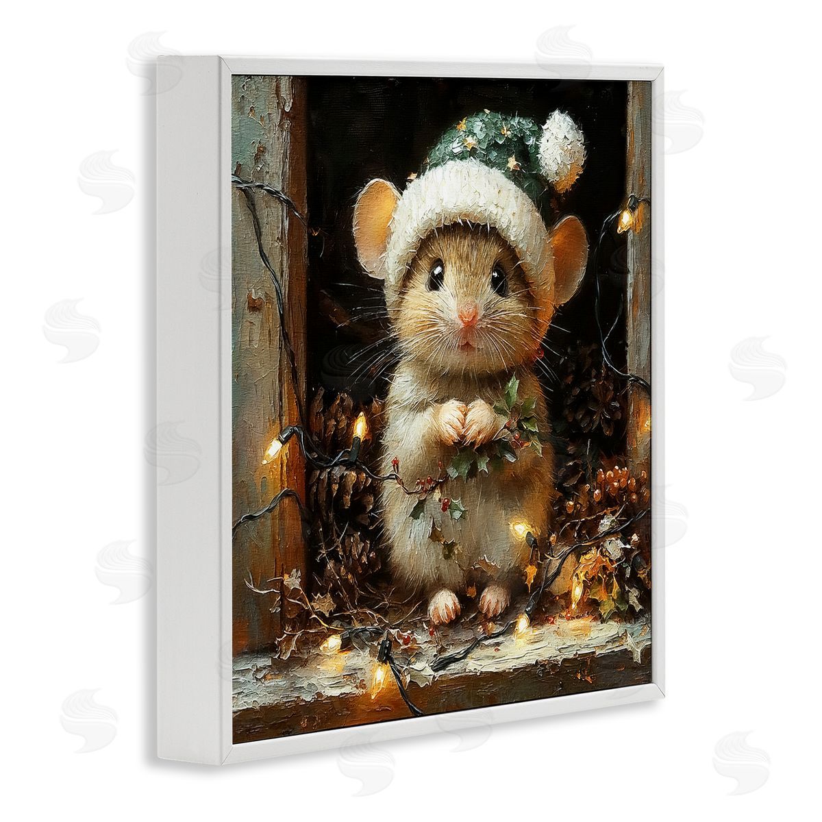 Barn Mouse with Christmas Lights White Frame Print Wall Art, Home Decor by Riley B