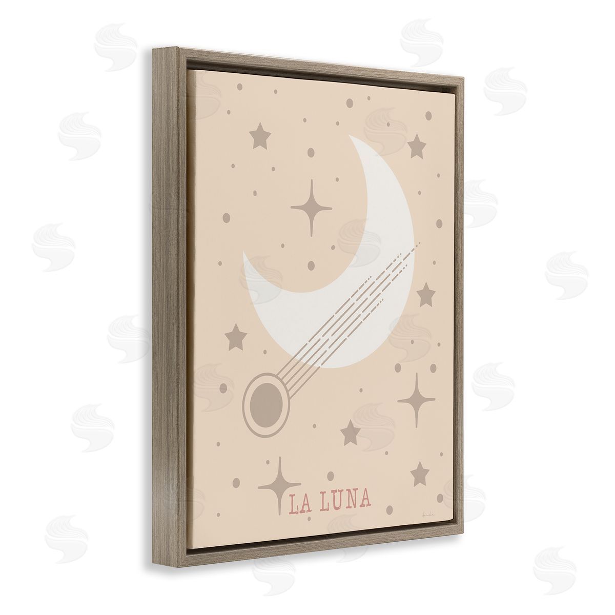 Minimal Moon with Stars Brown Floating Frame Canvas Wall Art, Home Decor by Daniela Santiago