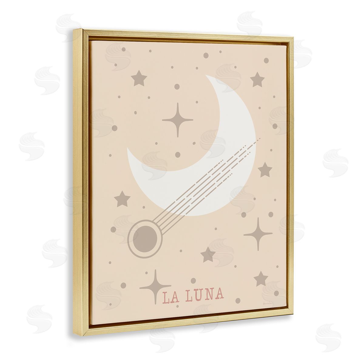 Minimal Moon with Stars Gold Floating Frame Canvas Wall Art, Home Decor by Daniela Santiago
