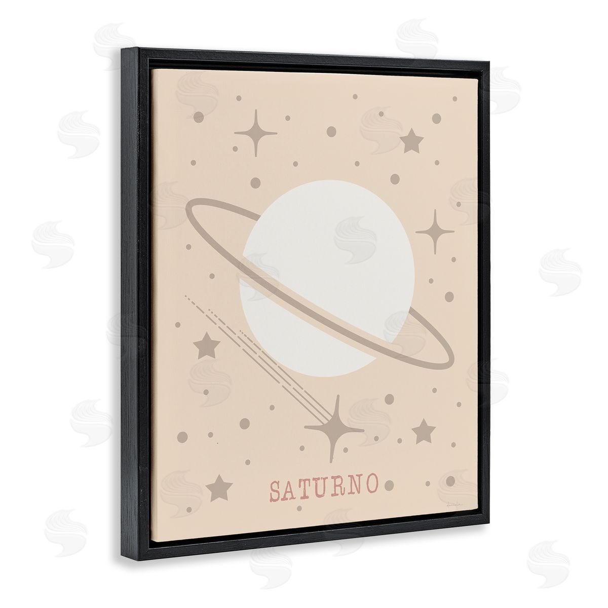 Minimal Saturn with Stars Black Floating Frame Canvas Wall Art, Home Decor by Daniela Santiago