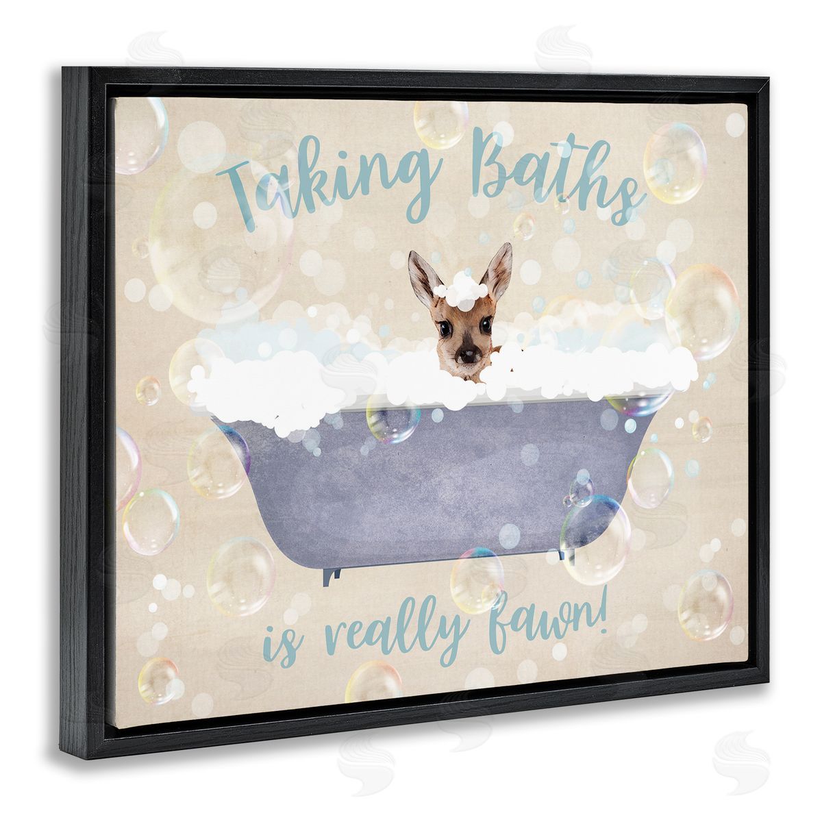 Taking Baths Is Fawn Black Floating Frame Canvas Wall Art, Home Decor by Susan Arnot