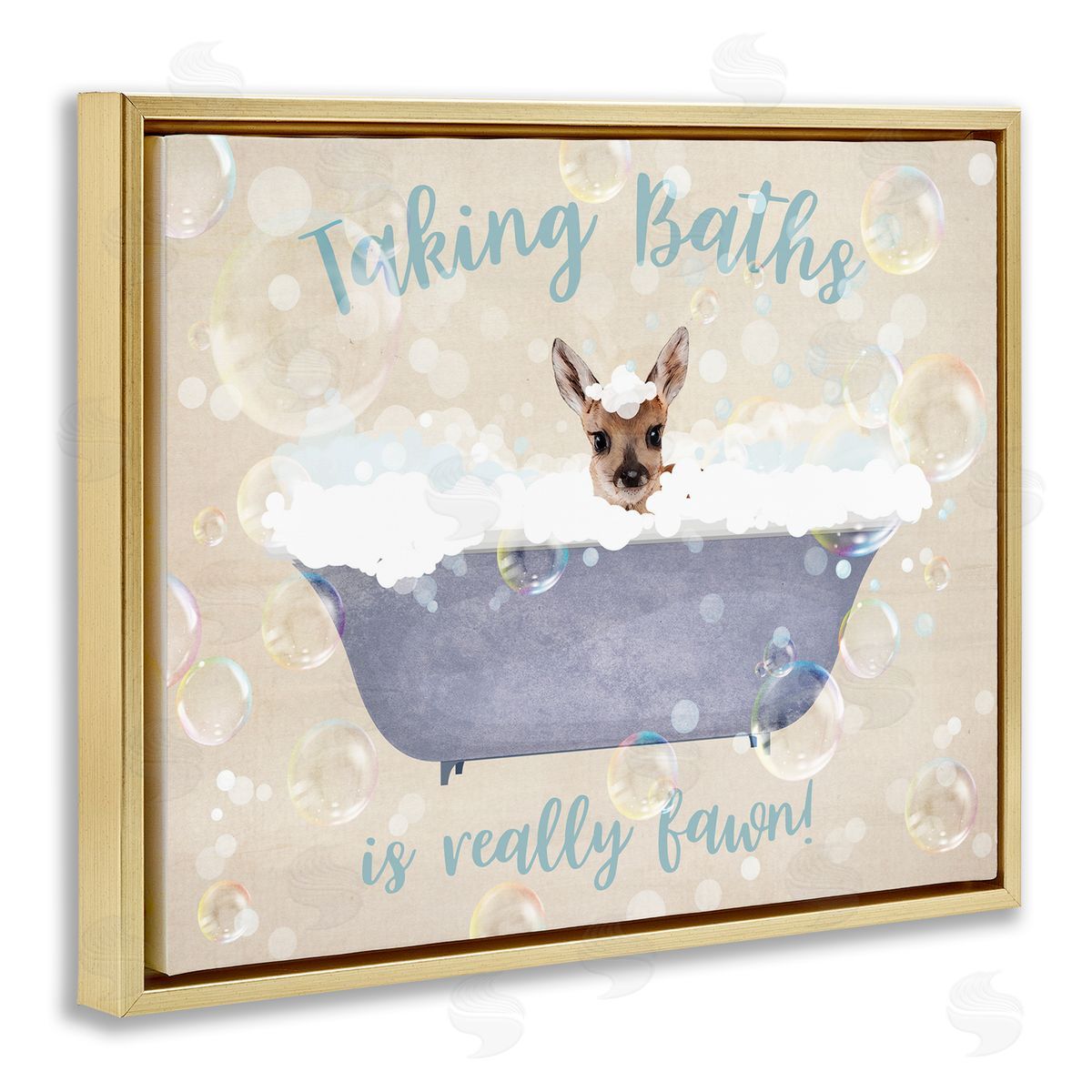 Taking Baths Is Fawn Gold Floating Frame Canvas Wall Art, Home Decor by Susan Arnot