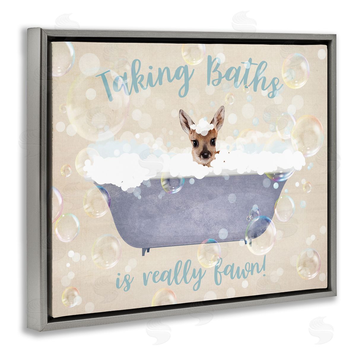 Taking Baths Is Fawn Grey Floating Frame Canvas Wall Art, Home Decor by Susan Arnot