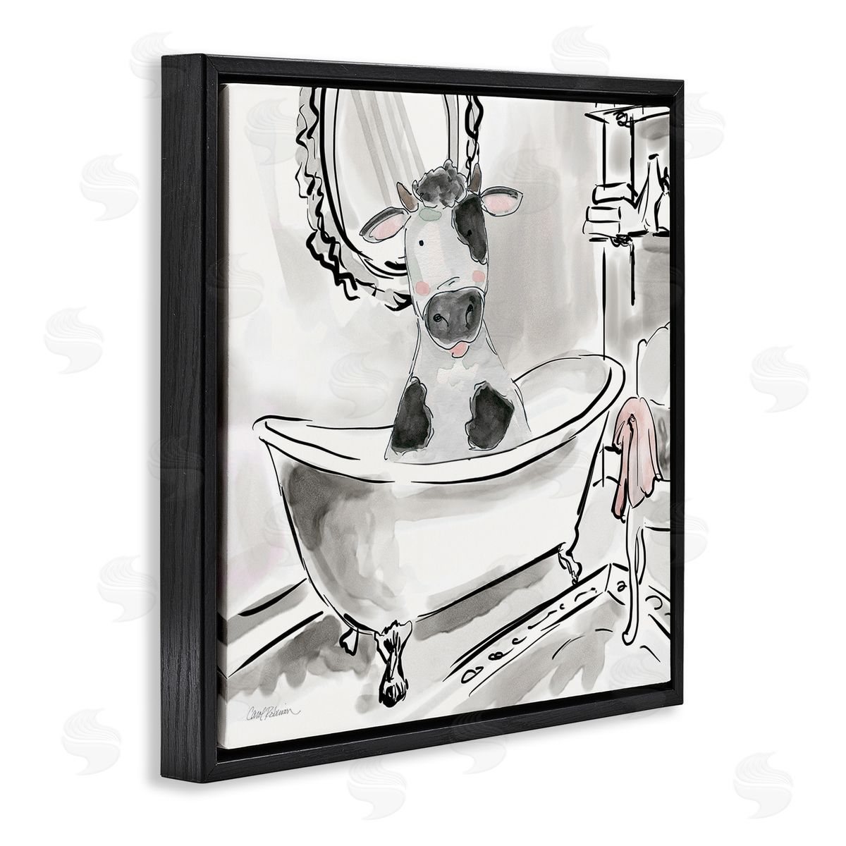 Minimal Bathtub Cow Black Floating Frame Canvas Wall Art, Home Decor by Carol Robinson