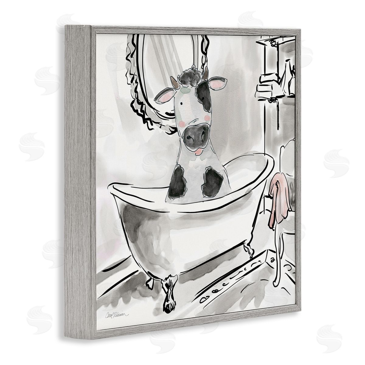 Minimal Bathtub Cow Grey Frame Print Wall Art, Home Decor by Carol Robinson