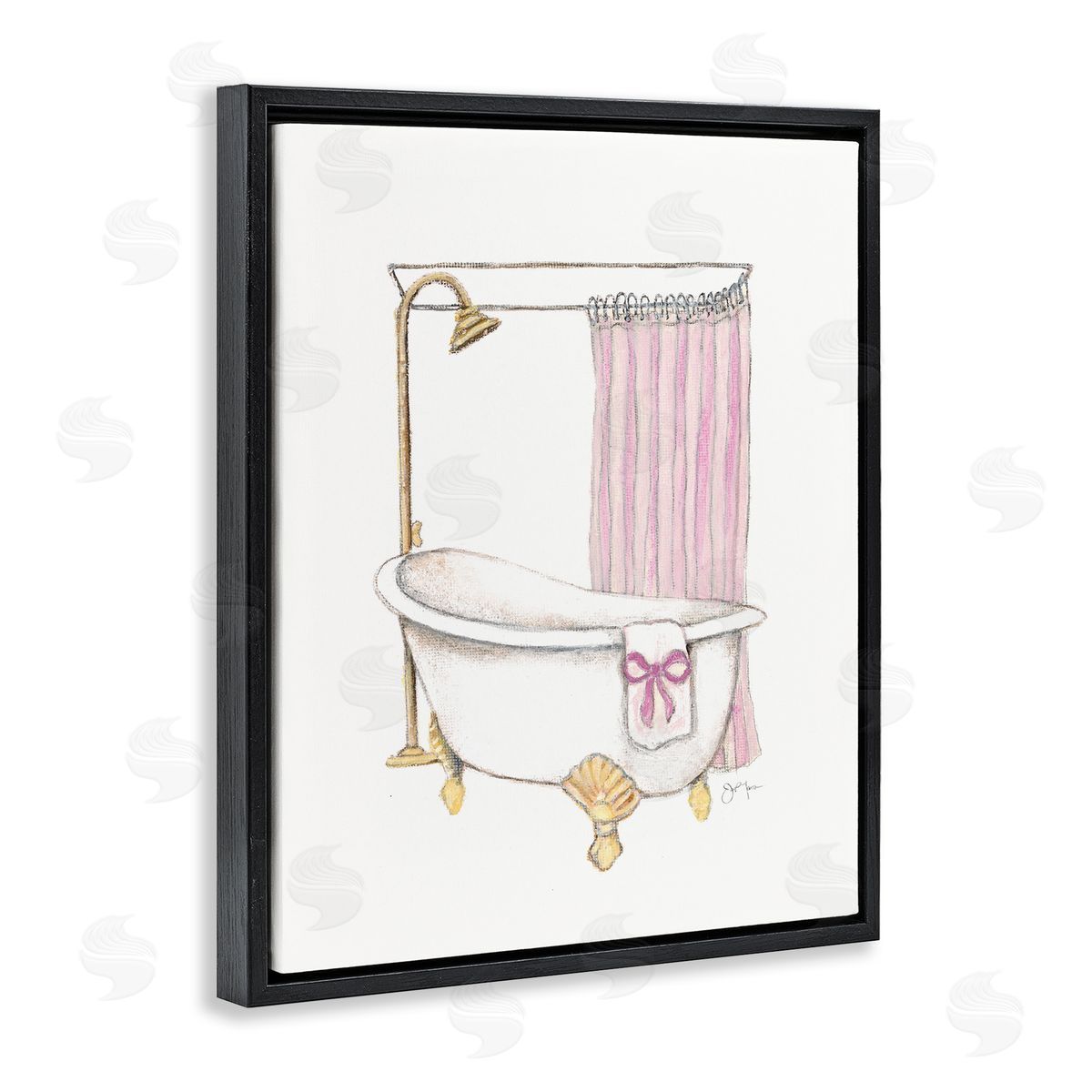 Simple Bathtub with Bow Black Floating Frame Canvas Wall Art, Home Decor by Janet Tava