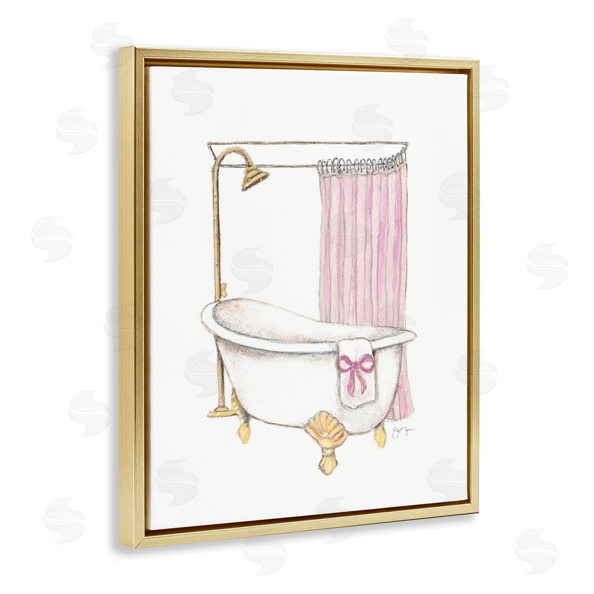 Simple Bathtub with Bow Gold Floating Frame Canvas Wall Art, Home Decor by Janet Tava