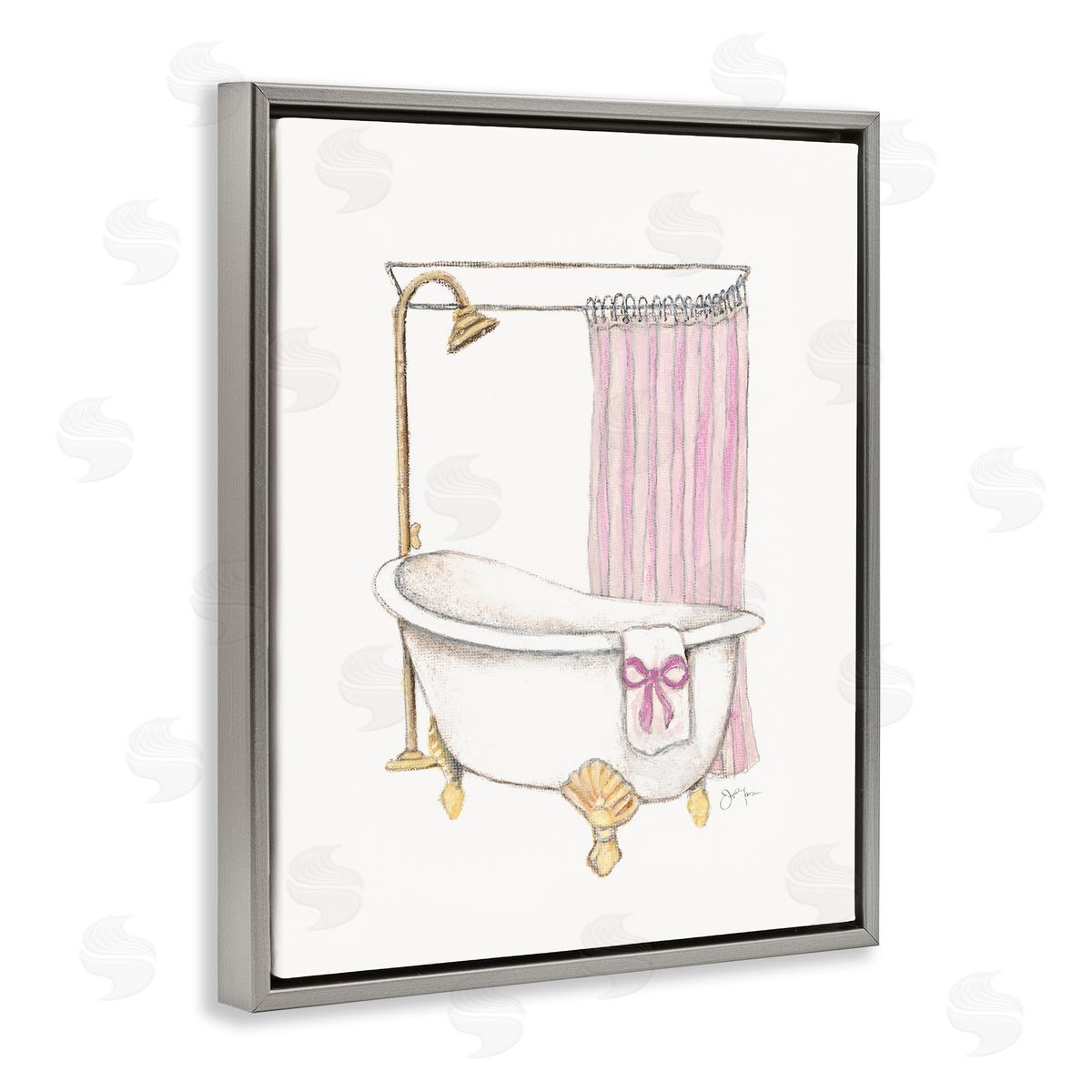 Simple Bathtub with Bow Grey Floating Frame Canvas Wall Art, Home Decor by Janet Tava