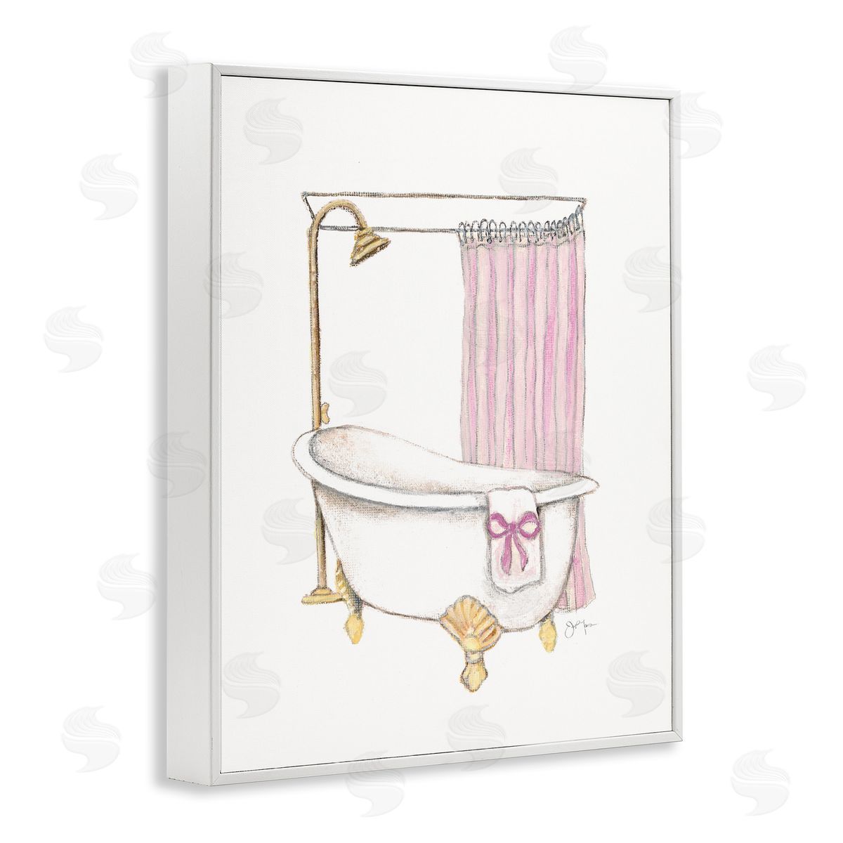 Simple Bathtub with Bow White Frame Print Wall Art, Home Decor by Janet Tava