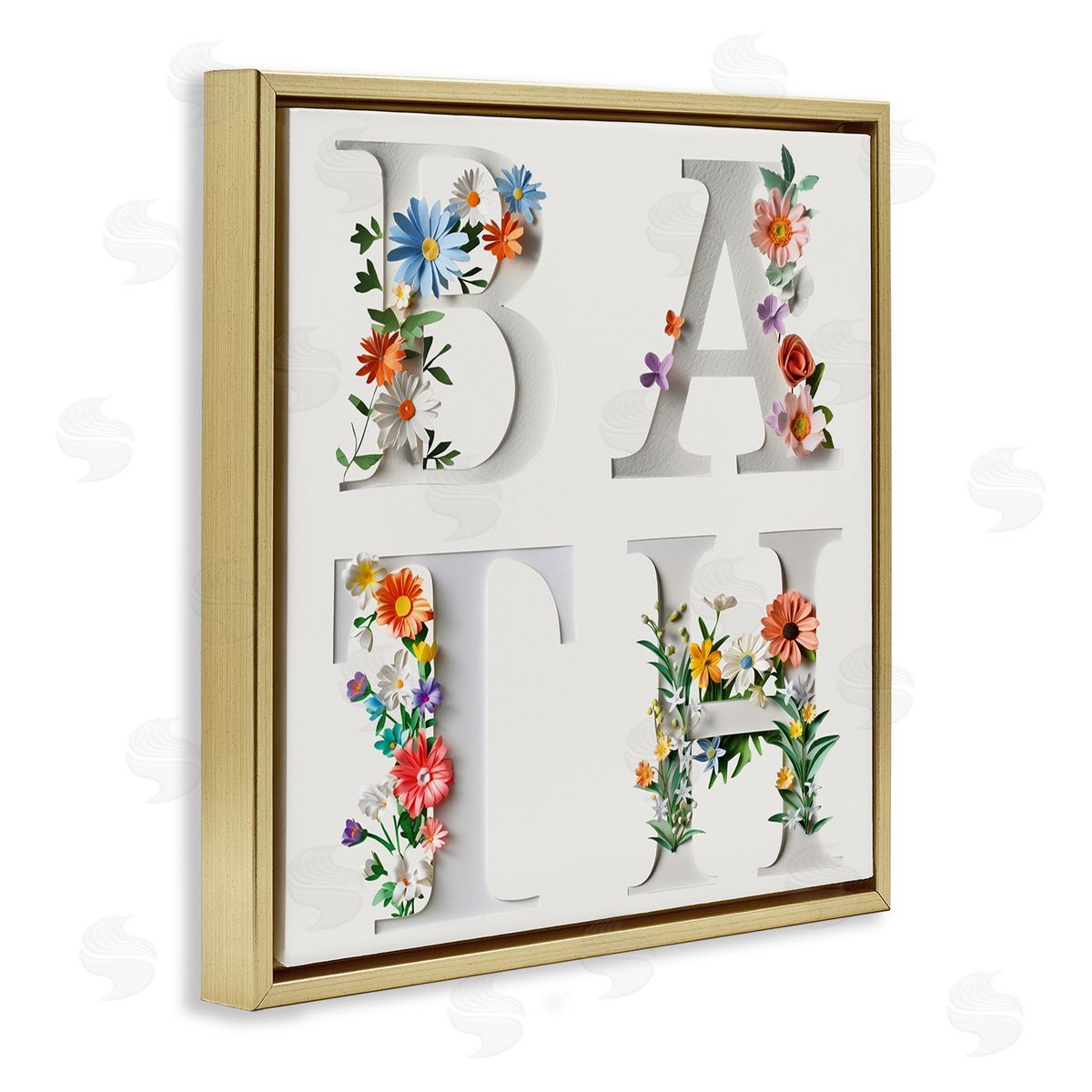 Floral Bath Typography Gold Floating Frame Canvas Wall Art, Home Decor by Susan Arnot