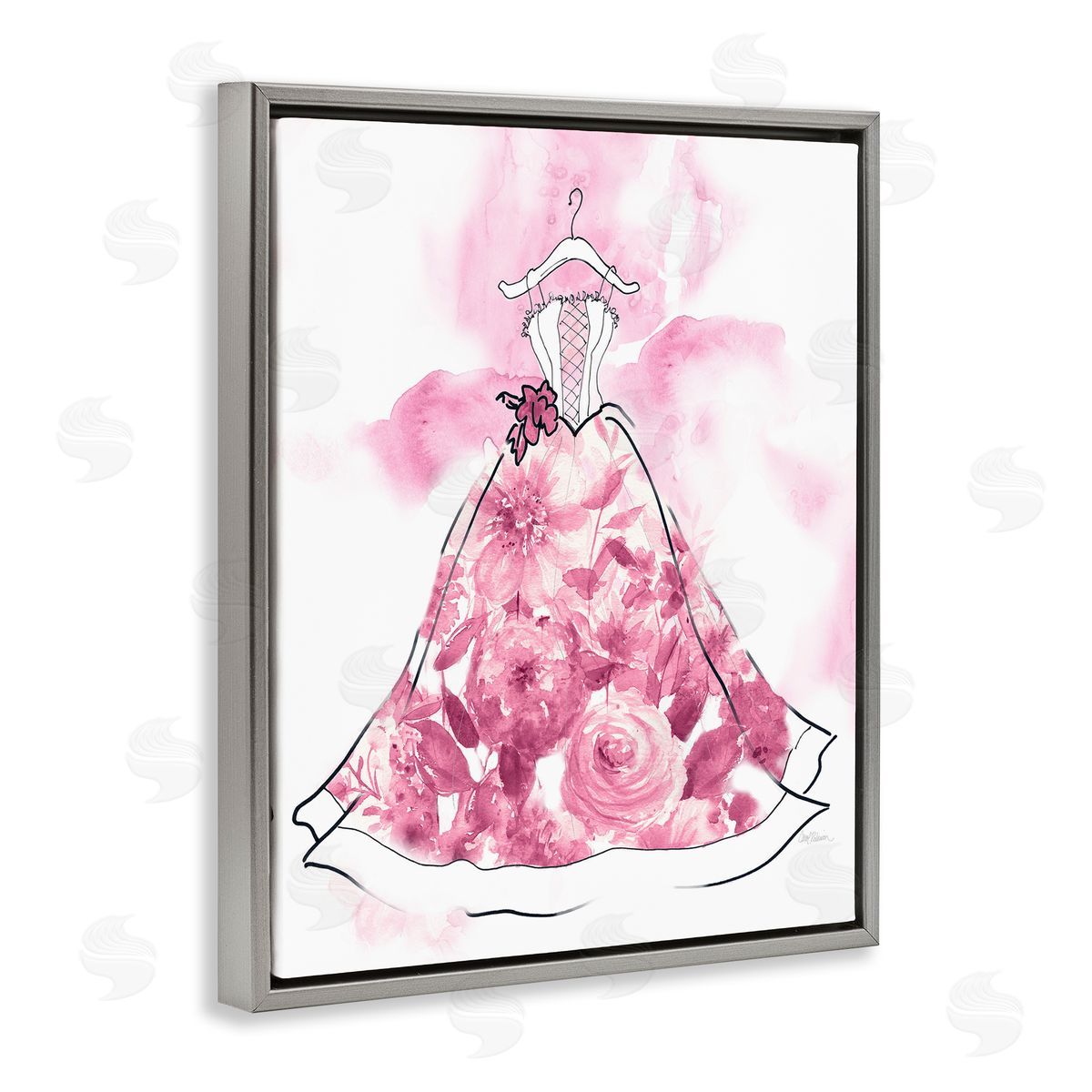 Modern Watercolor Flower Dress Grey Floating Frame Canvas Wall Art, Home Decor by Carol Robinson
