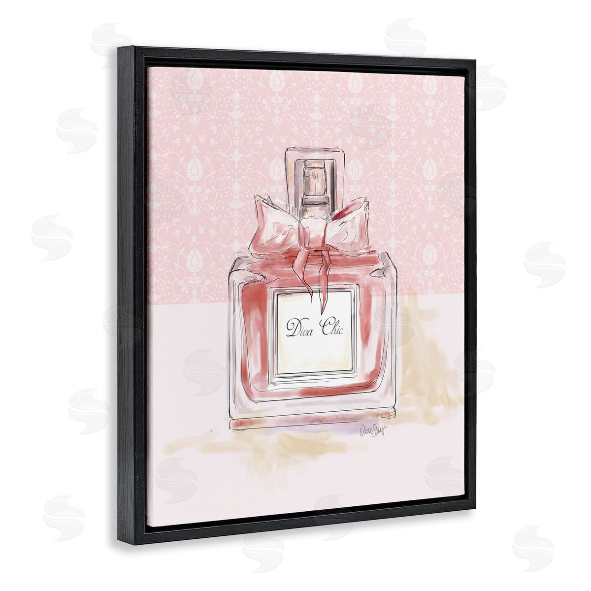 Diva Chic Pink Perfume Black Floating Frame Canvas Wall Art, Home Decor by Carol Robinson