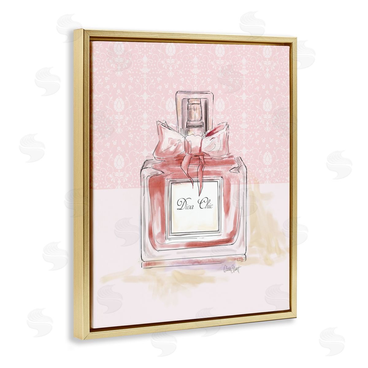 Diva Chic Pink Perfume Gold Floating Frame Canvas Wall Art, Home Decor by Carol Robinson