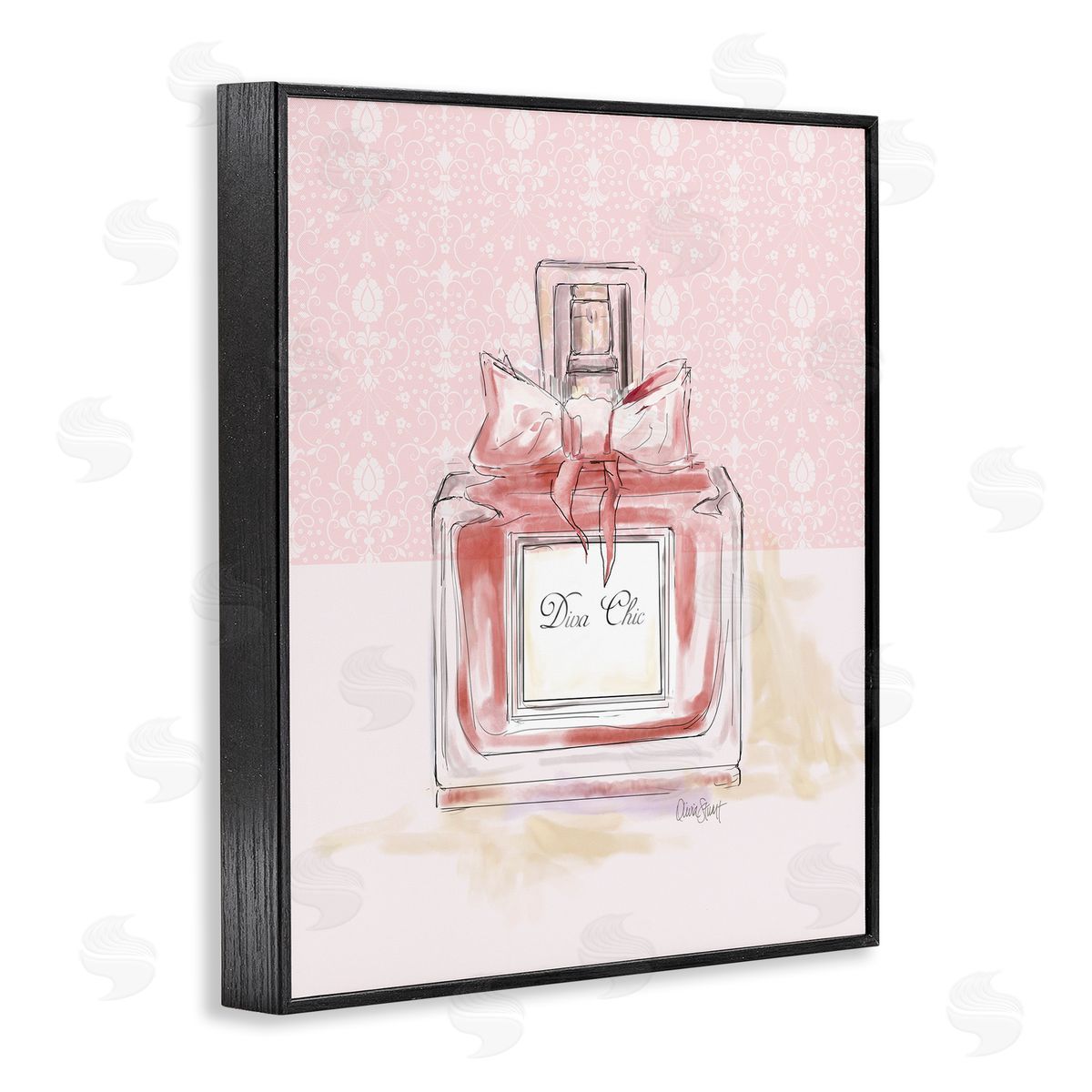 Diva Chic Pink Perfume Black Frame Print Wall Art, Home Decor by Carol Robinson