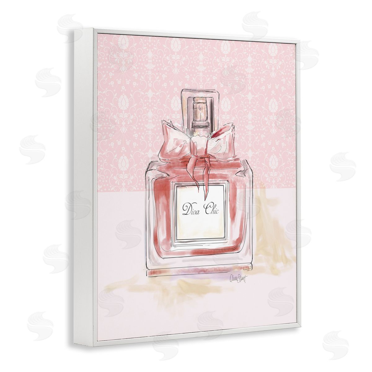 Diva Chic Pink Perfume White Frame Print Wall Art, Home Decor by Carol Robinson