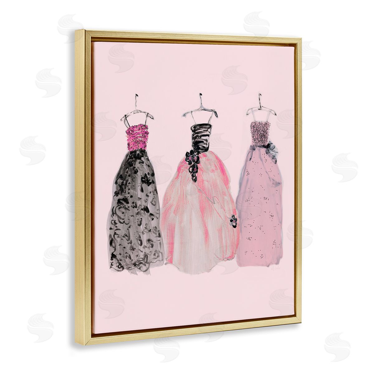 Trendy Glam Gowns Gold Floating Frame Canvas Wall Art, Home Decor by Sally Swatland