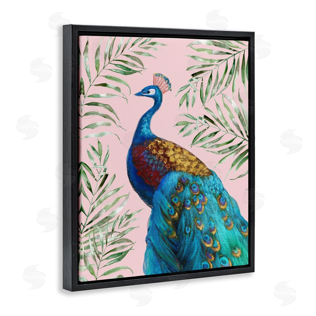 Elegant Peacock & Palm Sprigs Black Floating Frame Canvas Wall Art, Home Decor by Nan