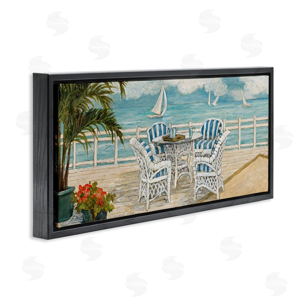 Summer Beach View Deck Black Floating Frame Canvas Wall Art, Home Decor by Charlene Olson