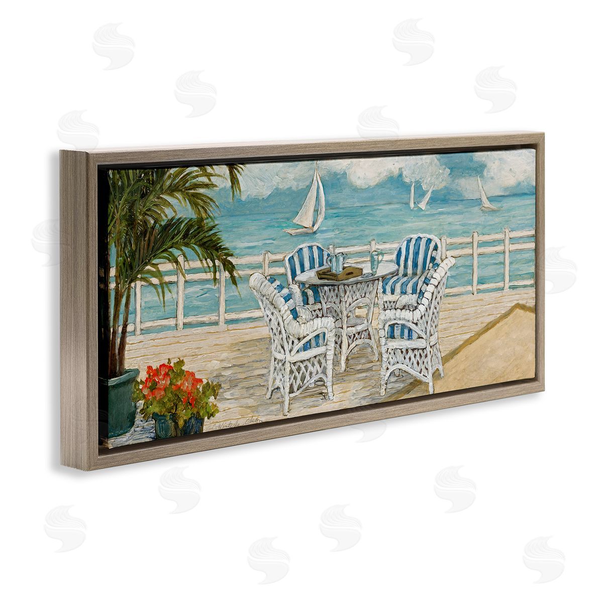 Summer Beach View Deck Brown Floating Frame Canvas Wall Art, Home Decor by Charlene Olson