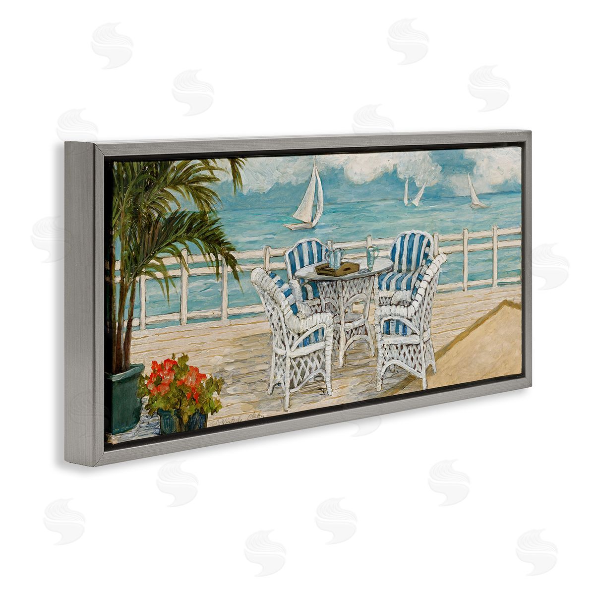 Summer Beach View Deck Grey Floating Frame Canvas Wall Art, Home Decor by Charlene Olson