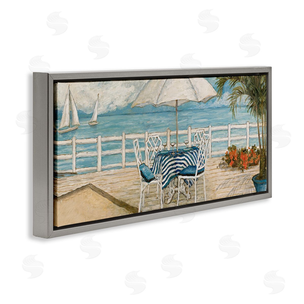 Coastal Restaurant Overlook Grey Floating Frame Canvas Wall Art, Home Decor by Charlene Olson