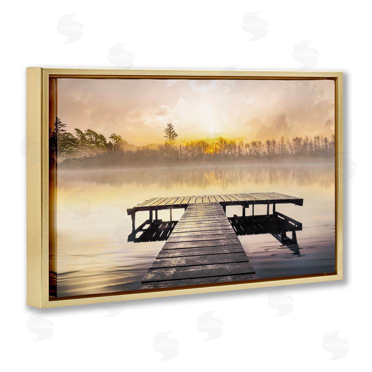 Summer Sunrise Dock Gold Floating Frame Canvas Wall Art, Home Decor by Mike Calascibetta
